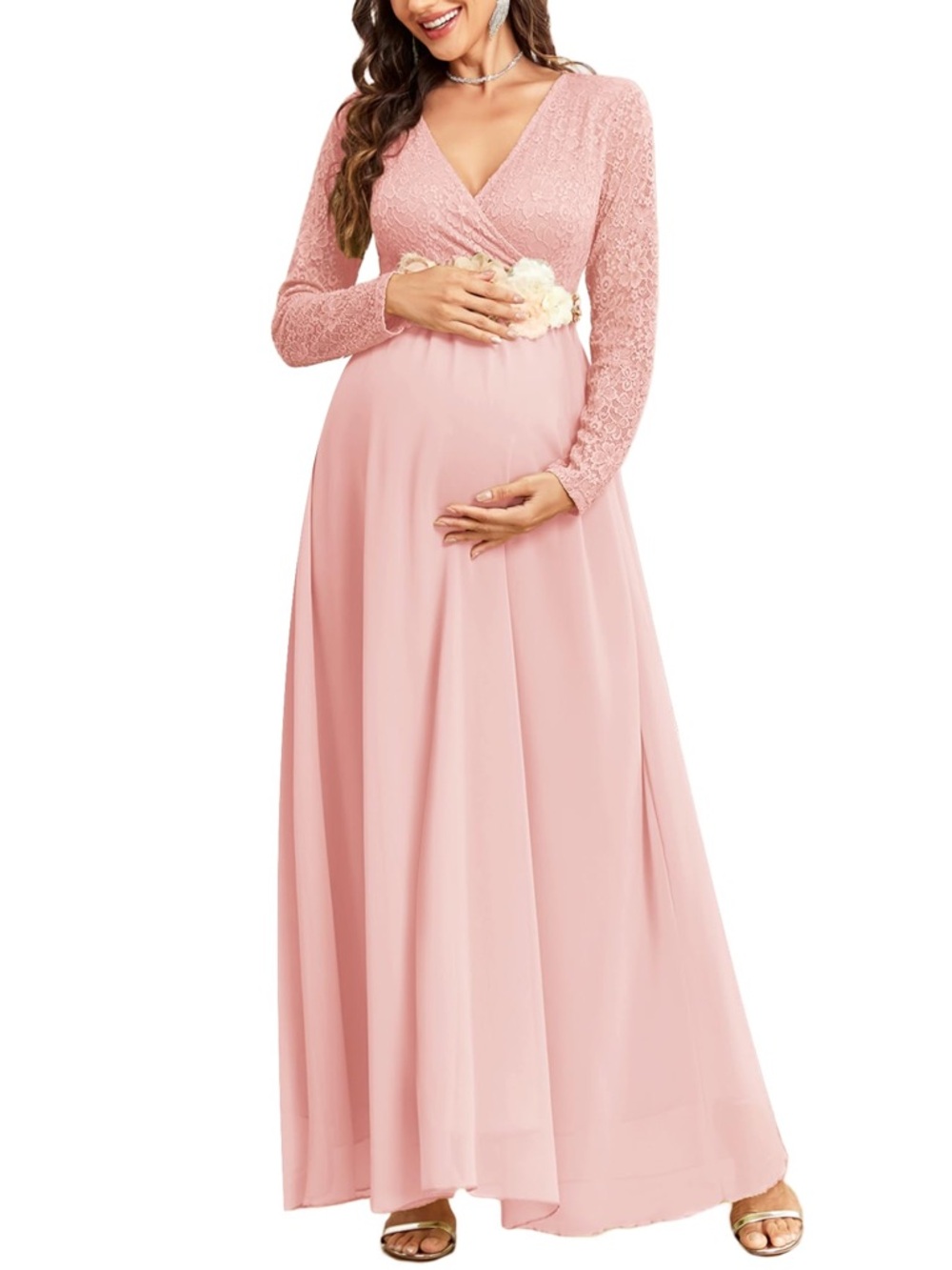 Pink Lace Flowy A-Line Maternity Wrap Gown with Chiffon Long Sleeve-Small